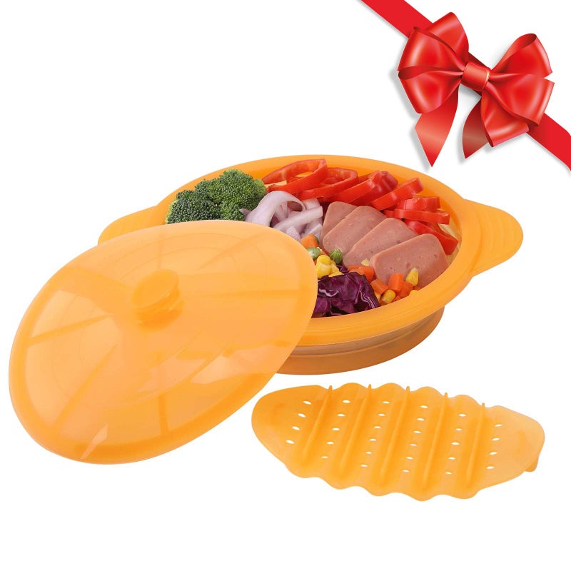 EuChoiz Microwave Steamer Cooker Collapsible Bowl-Silicone Steamer Cookware with Handle Lid for Vegetables Fish Prep Meal Food with Removable Rack BPA Free, Easy to Store, Freezer & Dishwasher Safe, Orange - Image 1